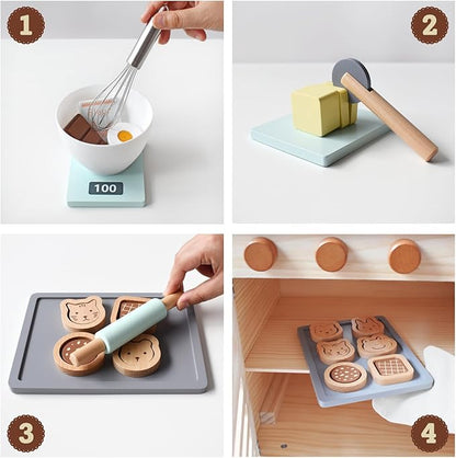 PairPear Wooden Cookie & Baking Play Food Set, Kids 28 Pieces Sliceable Cookies, Hand Mixer Toy Kitchen Accessories Playset, Montessori Pretend Kitchen Gift for Kids Ages 3+