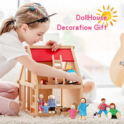 Skylety 10 Pcs Wooden Dollhouse Set of Mini People Figures Dollhouse Dolls Wooden Doll Play Figures Accessories(Pretty Style)