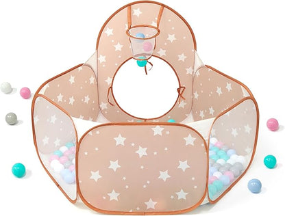 3 in 1 Pop Up Kids Play Tent with Tunnel and Ball Pit for Kids, Boys, Girls, Babies and Toddlers, Indoor/Outdoor Playhouse, Brown/Apricot