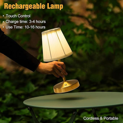 Cordless Mini Lamps Gold,3000 mah Battery Operated Lamp,3 Color Temperature Dimmable Table Lamp,Small Rechargeable Table Lamp Fabric,Aesthetic Small Kitchen Lamp for Counter,Dinner (Gold,2 Pack)