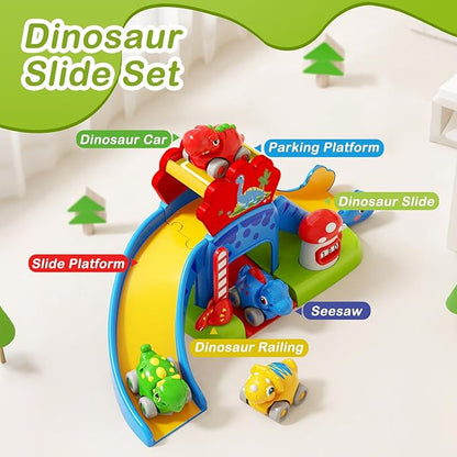 Baby Toys for 1 Year Old Boys & Girls Gift – Dino Slide Set with 4 Color & Number Push Cars – Dinosaur Toy for Toddlers, Montessori Learning Toys for 12-18 Months – 1st Birthday Gifts for Kids