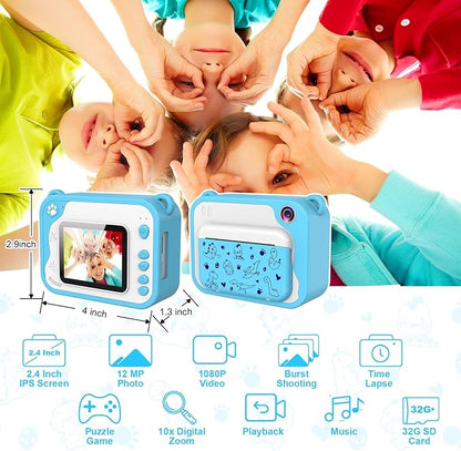 Kids Camera Toddler Camera Instant Print, 1080P Video, 32GB SD Card, Childrens Toy Easter Birthday Gifts for Boys Girls 3 4 5 6 7 8 9 10 11 12 Years Old