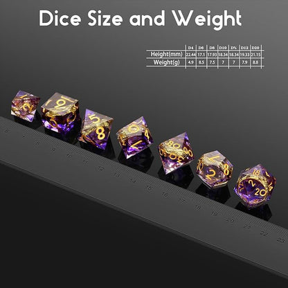 Magic Lord Ring D&D Dice Set DNDND Sharp Edge DND Dice Purple Swirl with Golden Ring Inside with Gift Metal Case for Dungeons & Dragons D&D Tabletop Game (Purple)