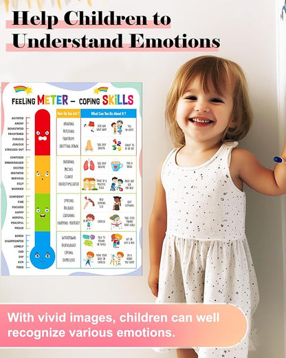 FLYAB Feelings Chart for Kids - Feeling Meter and Coping Skills Mental Health Posters Emotions Educational Poster for Toddlers 1-3 Kindergarten Preschool Classroom Calming Corner Decor