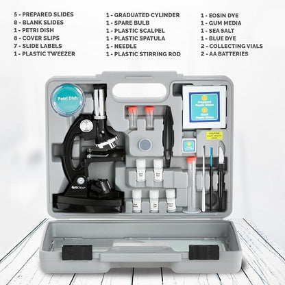 AMSCOPE-Kids 120X-1200X Black Metal Arm Starter Kids Student Microscope Kit with Fossil Dig Activity Kit and Insect Slides - M30-ABS-KT2-KVB2