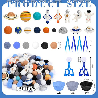 152 Pcs Space Sensory Bin Fillers Outer Space Fine Motor Skills Astronauts Sensory Bin Item Pompoms Cups Tweezers Scissor Clips for Preschool Education Activities Sorting Counting
