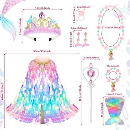 Princess Dress Up Toys Princess Dress Up Clothes Rainbow Mermaid Cape Kit 9 Pcs Gift Set for Little Girls 3-8 Years