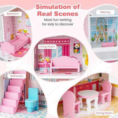 Costzon Wooden Dollhouse for Kids, 3-Story Semi-Open Doll House with 5 Rooms & 10 Pieces Furniture Set, Ladders & Balcony, Preschool DIY Pretend Play Dollhouse Toy, Gift for Girls & Boys Ages 3+