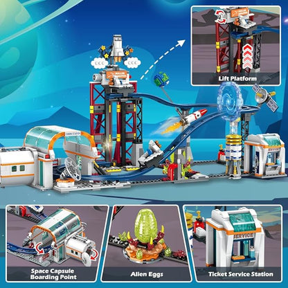 Space Roller Coaster Building Sets - Rollercoaster Building Toy with Rocket, Lift Platform, Satellitesr, Carriage, Food Cart, 926PCS Space Adventure Park for Adults Teens Kids Boys Ages 8-12