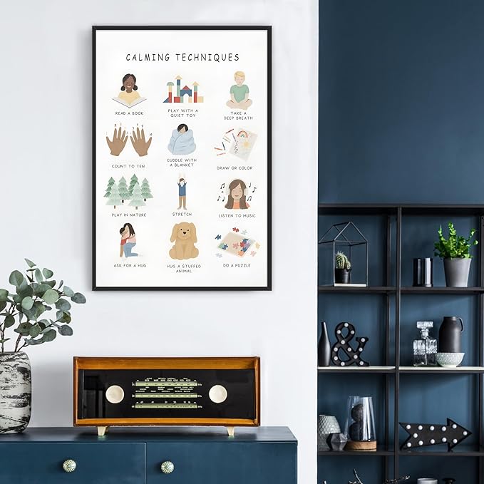 Feelings Calming Techniques Canvas Wall Art Calming Corner Classroom Mental health Posters Boho Emotions Chart for Kids Prints Special Education Wall Decor for Office School 24x36in BlackFramed