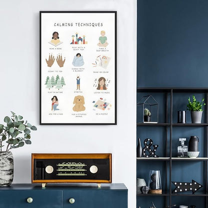 Feelings Calming Techniques Canvas Wall Art Calming Corner Classroom Mental health Posters Boho Emotions Chart for Kids Prints Special Education Wall Decor for Office School 24x36in BlackFramed