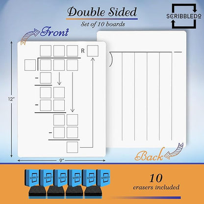 SCRIBBLEDO 10 Pack Dry Erase Division White Boards 9 x 12 Inch Whiteboards Double Sided Math Manipulatives Long Division Lapboards for Kids Students Classroom and Home 10 Whiteboard Erasers Included