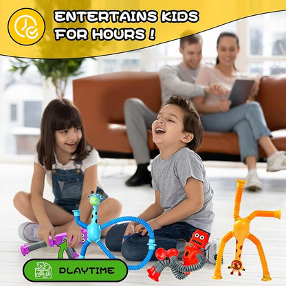 8pc Robot Giraffe Sensory Travel Toys for Toddlers Boy Ages 3 4 5 6 7 8, Airplane Activities Suction Autism Pop Tube Fidget Autistic Stocking Easter Basket Stuffer Valentine Gift for Kids