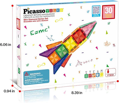 PicassoTiles 30pcs Mini Size Magnetic Tiles Sensory Magnet Toys Diamond Series Construction Building Blocks Set STEM Learning Travel Size Educational Toy for Kids Boys Girls Toddlers Age 3+ PTM30