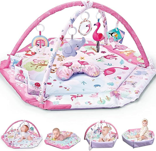 7-in-1 Large Activity Mat for Babies 0-6 Months Tummy Time Mat Play Mat, 5 Tummy TimeToys, 18 Ocean Toys, and 1 Tummy Time Pillow, Baby Activity Mat Easy to Install & Clean, Baby Gift
