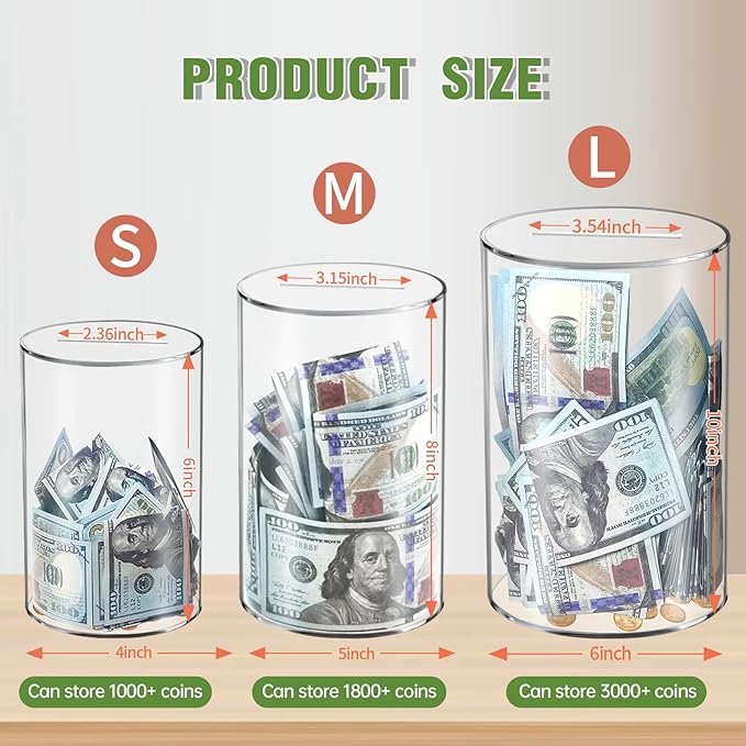 Clear Piggy Bank for Adults/Kids, Acrylic Unopenable Money Box for Cash Coin Saving, Must Break to Open, Money Saving Jar for Adults Boys Girls, Size 10" H x 6" Diameter