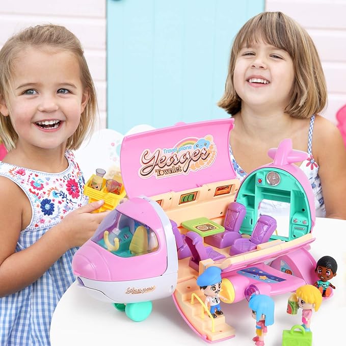 iPlay, iLearn Airplane Dollhouse Playset for Girls 3-5, Kids Pretend Play Doll House Set W/ Pink Plane, Dolls, Travel Accessories, Birthday Gifts for 4 5 6 Year Olds Children Toddlers