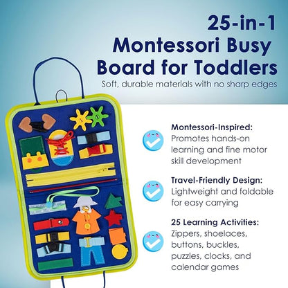 Busy Board Montessori Sensory Toy Travel Educational Book Kids 2 3 4 Years Toddler Fine Motor Skills Preschool Activities Clock Buckle Zipper Buttons Learning Gift Portable Carry Case
