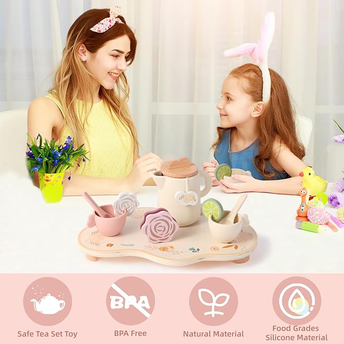 Wooden Tea Party Set for Little Girls Toddler, Princess Tea Cupcake Stand Food Dessert, Play Kitchen Accessories for Toddlers 3 4 5 6 Years Old, Wooden Toys Birthday Kids Girls Gifts 3-6