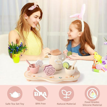 Wooden Tea Party Set for Little Girls Toddler, Princess Tea Cupcake Stand Food Dessert, Play Kitchen Accessories for Toddlers 3 4 5 6 Years Old, Wooden Toys Birthday Kids Girls Gifts 3-6