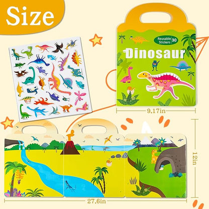 Magnetic Reusable Sticker Book for Toddler, Dinosaur Activity Magnet Book for 3 4 5 Years Boys Girls Road Trip Airplane Train Travel Essentials Toy for Kids Birthday Gifts Educational Learning Toys