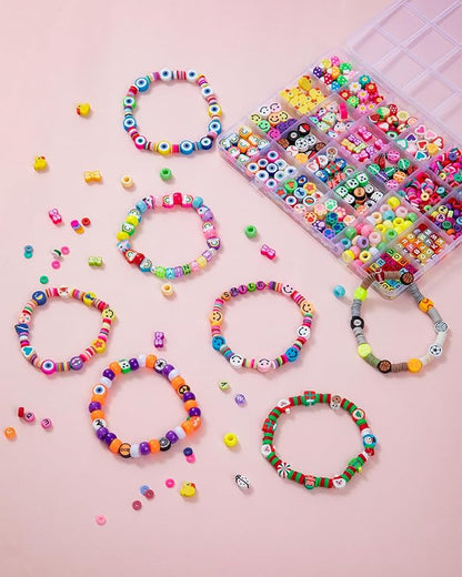 Taybonds Polymer Clay Beads Charms Bracelet Making Kit for Kids Age 6+, 740pcs DIY Jewelry Making with Pony Beads, Letter Beads, Charms & Elastic Cord – Gift for Girls Crafting and Creative Play