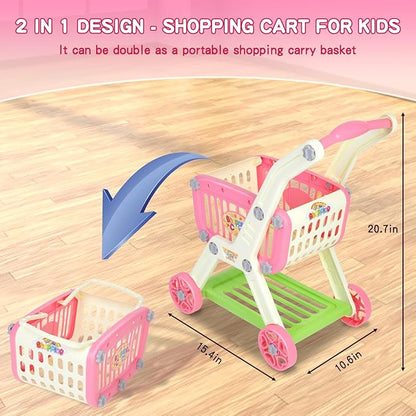 Kids Shopping Cart - 2 in 1 Toy Shopping Cart with Play Food Fruit Vegetable Dessert and Shop Accessories, 72pcs Pretend Play Grocery Store Toy Kitchen Game Trolley Play Set for Kids (Pink)
