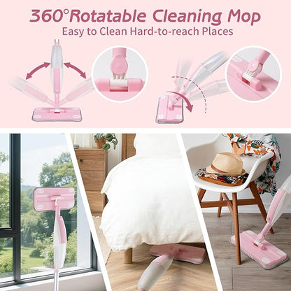 Kids Spray Mop Pink, Real Working Water-Spraying Toy, Montessori Mini Mop with 2 Microfiber Washable Pads, Toddler Cleaning Set for Floor, Christmas Birthday Gifts for Age 3 4 5 6 7 8