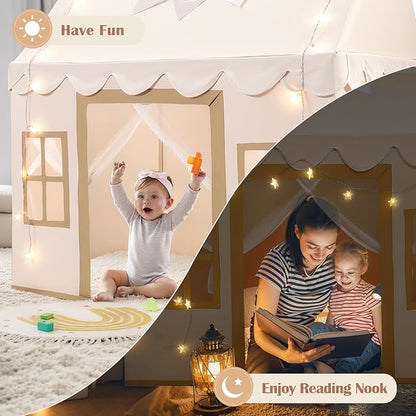 Kids Play Tent with Non-Slip Mat, Star String, Decorating Flag, Machine Washable Large Playhouse, Indoor and Outdoor Play Tent for Kids, Cream, 47" x 40" x 52"