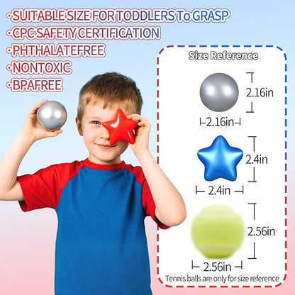 Ball Pit Balls Plastic Stars for Ball Pit BPA Free Plastic Balls Crush and Smash Proof Balls 100pcs 2.2" Set for Toddlers for Play Tent Tunnel (Red+Blue+Silver)