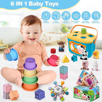 6 in 1 Baby Toys, 6-12 Months Baby Toys, 0-6 12-18 Montessori Toddler Gifts for Toddlers, Farm Animals Playset & Teething & Stacking Building Block Cup & Tissue Box & Sensory Bin for Development