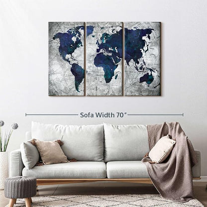 ElephantStock Deep Blue World Map Multi Piece Canvas - 3 Panel Wall Decor - Map of the World Art - Canvas for the Office and Home - 50" X 32"