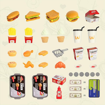 Pretend Play Food Toy for Kids Kitchen with Cash Register, Coffee Maker, 71 Pcs Fast Food Set with Burger, Fries, Ice Cream, Play Money, Educational Birthday Gift for Boys Girls Ages 3-8 (Red)