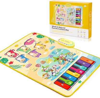 3-in-1 Musical Mat Toys for Toddlers, Led Light Up Mole Bashing & Piano Keyboard & Animal Sounds with 2 Drum Sticks,Early Educational Musical Learning Toys, Birthday Gifts for 3+ Boys & Girls
