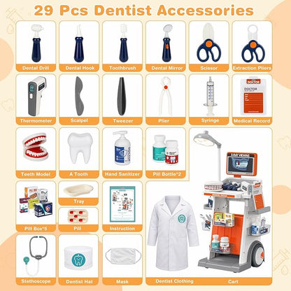 Dreamon Doctor Kit for Todders 3-5 Pretend Play Toys - 29 Pcs Kids Dentist Cart Play Set with Light and Costume - Role Play Medical Toy for 3+ Year Old Boys and Girls Christmas Birthday Gifts