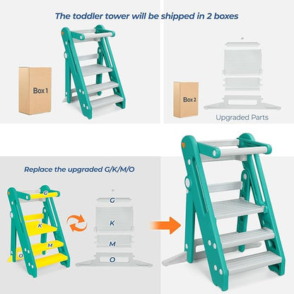 Onasti Toddler Tower Kitchen Stool Helper, Foldable & Adjustable Height Kids Learning Stool for Kitchen Counter Bathroom Sink, Child Ladder for Toddlers with Handles, Safty Rail, Non-Slip Pads - Green
