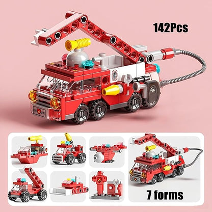 City fire Truck Building Block Toy (142 PCS) – 7-in-1 Fire Truck & Rescue Set, STEM Learning Toys for Kids Ages 6-12, Creative Construction Kit for Birthday Gifts