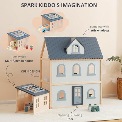 PairPear Large Wooden Dollhouse, 3 Story Play House with 64 Pieces Furniture Accessories & Garage, Pretend Play Family Dollhouse Gift for Kids 3+