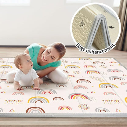 Foldable Baby Play Mat, PIGLOG 50x50 Playpen Mat, Waterproof Playmats for Babies and Toddlers Kids, Safe Foam Playmat for Tummy Time, Reversible Portable Baby Floor Mat for Infant, Colorful+Rain