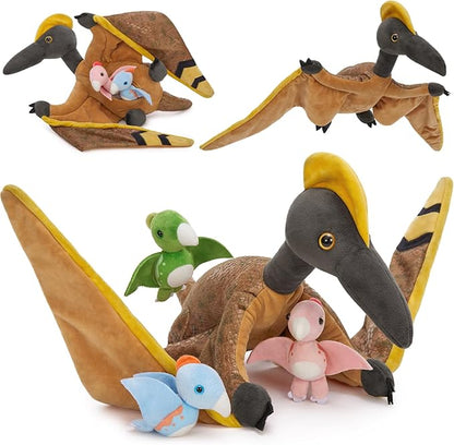 MaoGoLan Pterodactyl Plush Pteranodon Stuffed Animals for Kids, 37 inch Giant Plush Dinosaur Toy Large Pterosaur Mommy with Babies - Dino Squad Party Favors Decorations