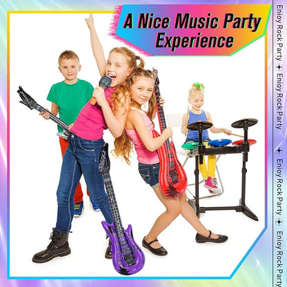 48 Pcs Colorful Inflatable Instruments Rock Star Toy Set Including 24 Plastic Microphones, 24 Guitars and 1 Inflator for Musical Concert Themed Party Decoration