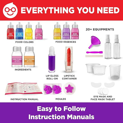 Doctor Jupiter Glam DIY Craft, Make-Up Kit for Girls Ages 6-8-12 | Lip Gloss, Bath Bomb, Perfume Making Kit with 50 Beauty Science Experiments | Birthday Gift Ideas for 6-7-8-9+ Year Old Girls