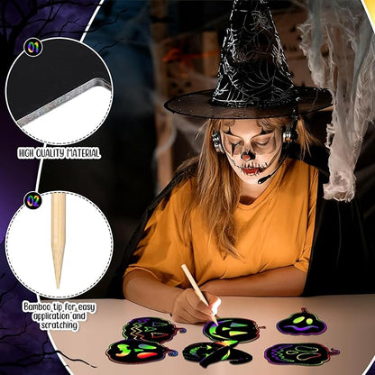 Qilery 120 Pcs Fall Halloween Scratch Paper Off Cards Magic Pumpkins Scratch Off Paper Craft Art Activities Rainbow Black Fun for Thanksgiving Party Ornaments DIY Education Game(Pumpkins)