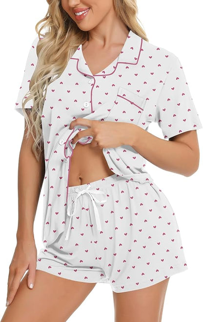 SWOMOG Womens Button Down Pajamas Set Short Sleeve Sleepwear Bride Soft Pj Lounge Sets XS-3XL