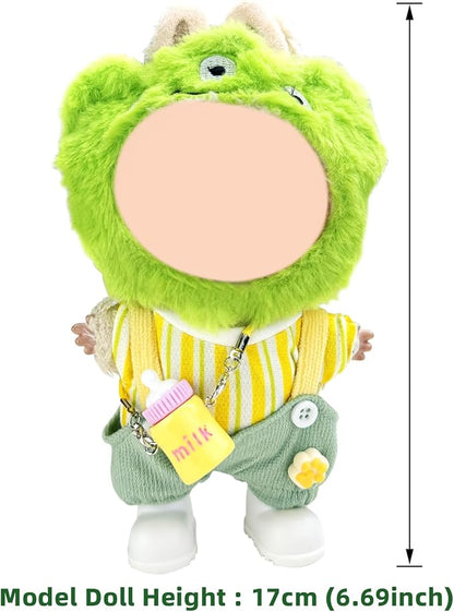 5 Piece Set -Premium Fashion Cute Clothes for 17cm Dolls,Stylish Accessaries Clothes Dress-Up,Includes—Plush Hat + Striped Top + Overalls + Bottle Charm + Shoes (Style K)