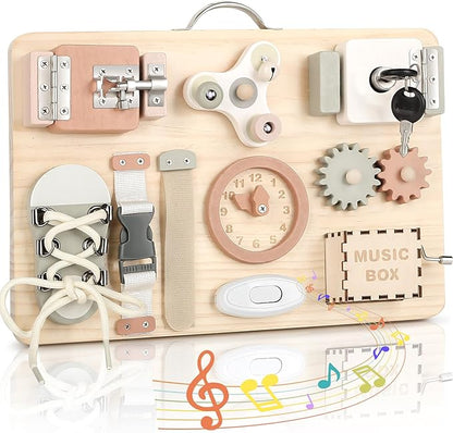 Joyreal Montessori Busy Board for Toddlers - Wooden Sensory Board Activity Board for Fine Motor Skills, Travel Baby Busy Board Sensory Toys for Kids