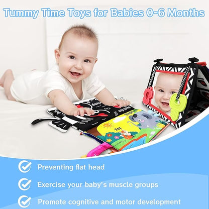 Tummy Time Mirror Newborn Toys: Black and White Infant Tummy Time Toys 0-3 0-6 6-12 Months Babies High Contrast Baby Toy with Baby Book & Teethers Montessori Sensory Floor Toy for Boy Girl Baby Gifts