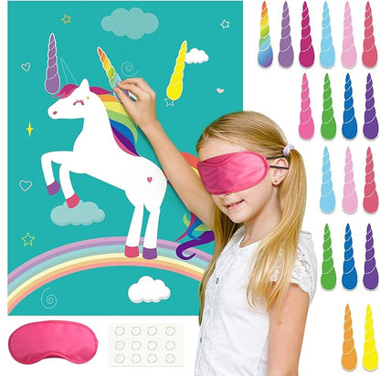 FEPITO Pin The Horn on Unicorn-game for Kids Birthday Party Game with 24 Horn Stickers Birthday Poster for Kids Unicorn-Birthday Girls Rainbow Party Favors Supplies Decoration Home Wall Decor Backdrop