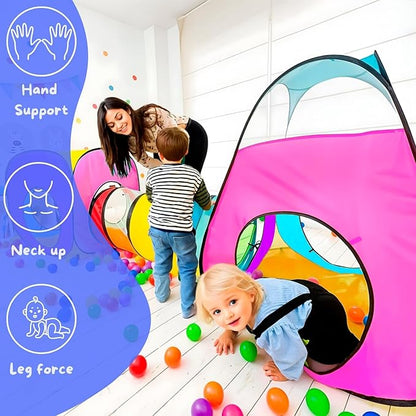 4pc Pop Up Children Play Tent : 2 Crawl Tunnel + 2 Tents : Kids Tents for Boys, Girls, Babies & Toddlers for Indoor & Outdoor : Large Children Playhouse Ball Pit