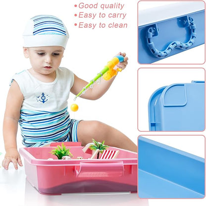 Suzile 3 Pcs Portable Sensory Bin Sand Tray with Lid, 15 Inch Colorful Plastic Sandbox Toy, Large Play Tray Fill with Sand, Water, Beads, and More, 3 Colors(Blue, Orange, Pink)